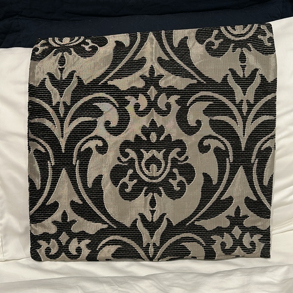 2 Pillow Covers (19”sq) Elegant Black and Silver Damask Fabric